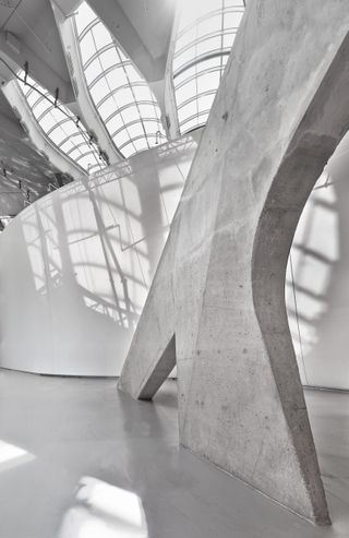 Montreal Biodome's interior white concrete support pillar, in front of a white stone curved wall and view of the ceiling window frames casting a shadow on the wall
