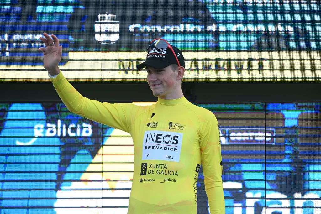 A CORUNA SPAIN FEBRUARY 22 Joshua Tarling of The United Kingdom and Team INEOS Grenadiers celebrates at podium as Yellow Leader Jersey winner during the 3rd O Gran Camio The Historical Route 2024 Stage 1 a 141km individual time trial at stage from A Coruna to A Coruna on February 22 2024 in A Coruna Spain Photo by Dario BelingheriGetty Images