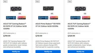 Screenshot of Asus AMD Radeon RX 9070 GPU listings
