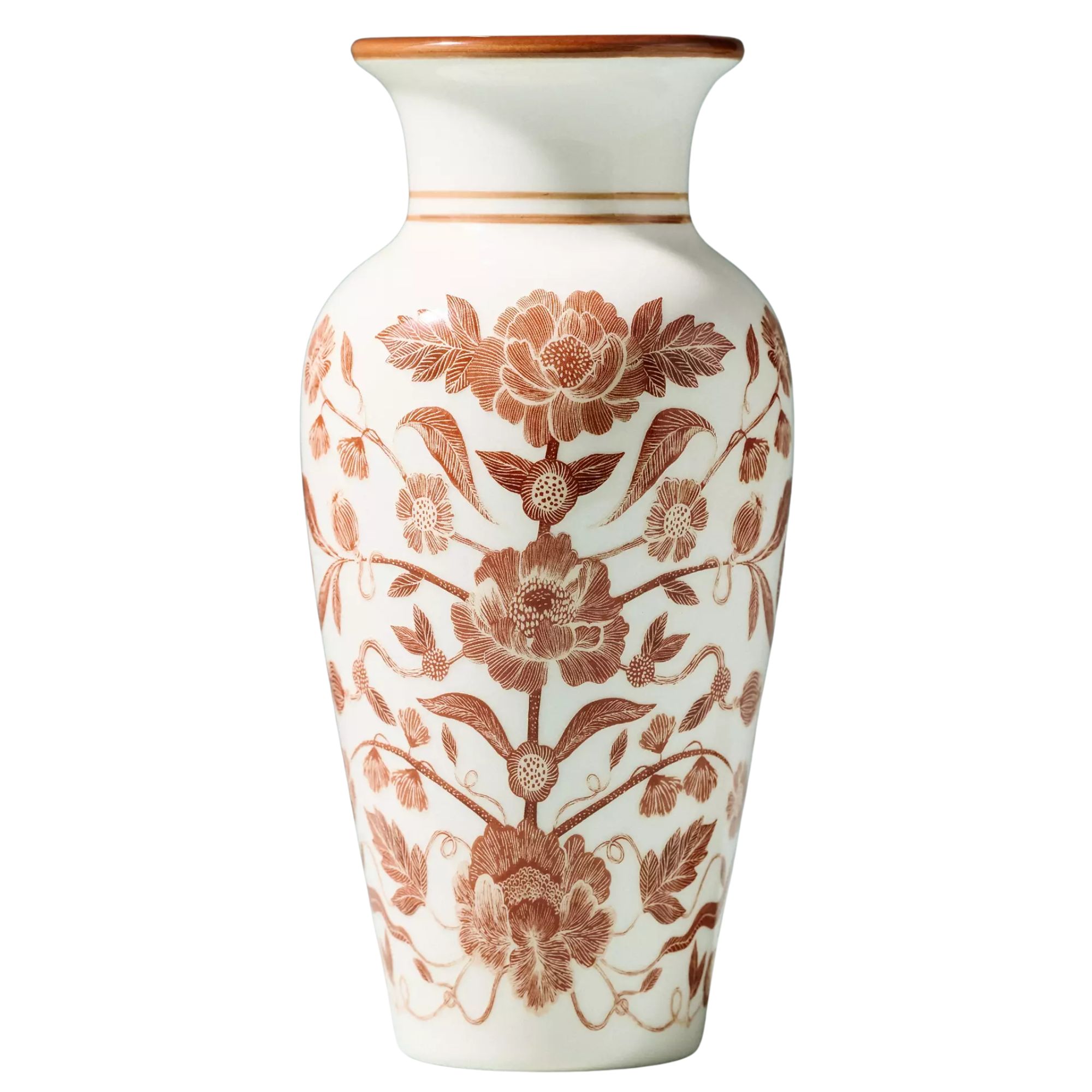 Anthro white vase with reddish brown floral design