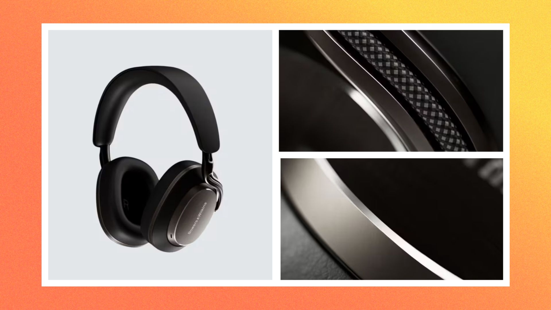 Bowers and Wilkins px8 s2 on an orange background with two images zoomed in 