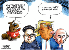 A beaver with a Canada sweater looks at Donald Trump, who has his arms around Kim Jong Un and Vladimir Putin. The beaver asks, "What happened? We were best friends. We did everything together, eh!" Trump sticks out his lower lip and responds, "I have my new friends now!"