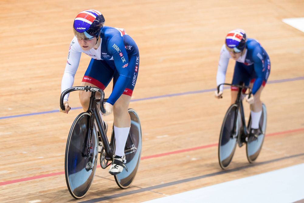 Great Britain's Sophie Capewell and Katy Marchant in action during the Women's Team Sprint qualification
