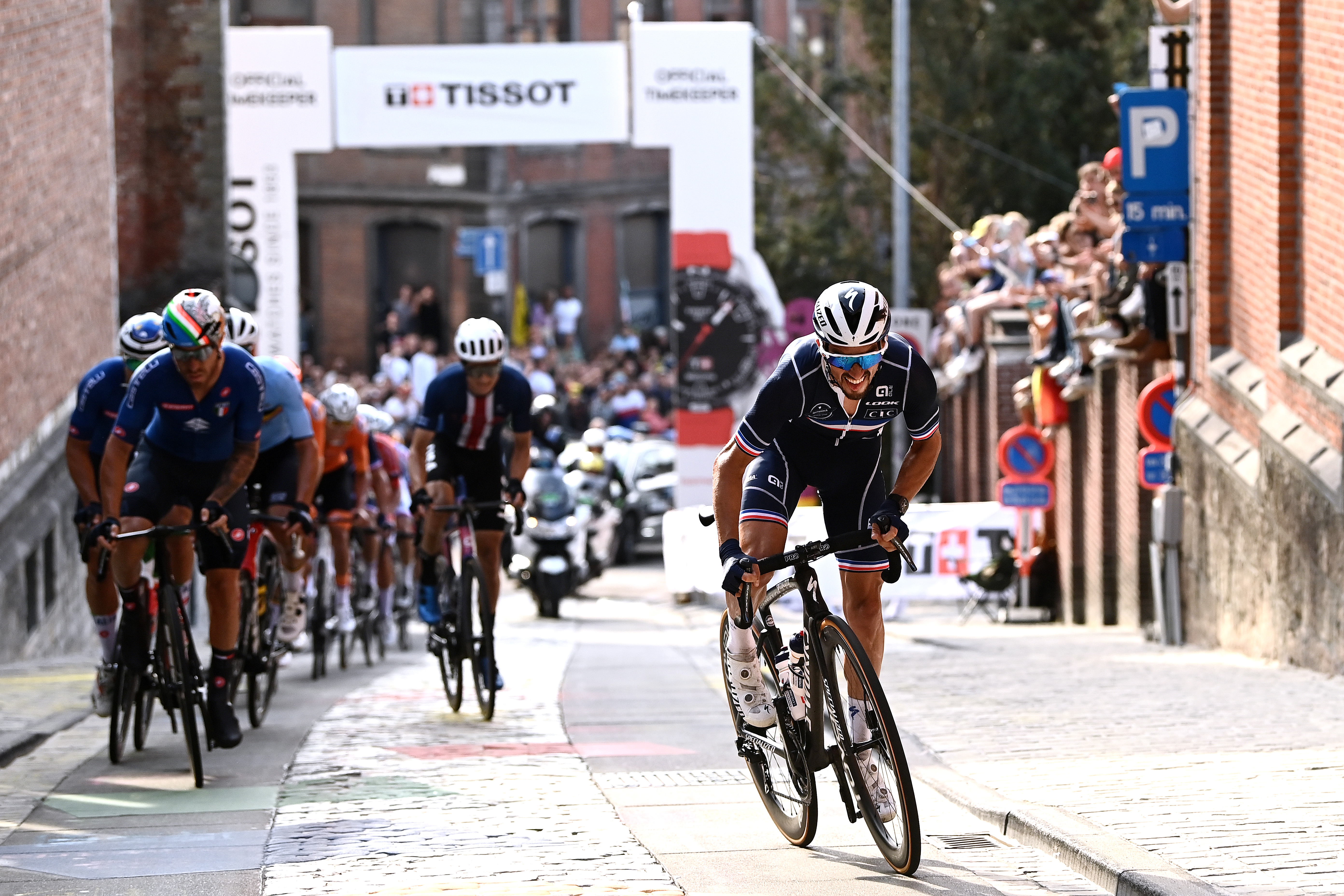 Julian Alaphilippe of France attacks in the breakaway during the 94th UCI Road World Championships 2021 - Men Elite Road Race a 268,3km race from Antwerp to Leuven / #flanders2021 / on September 26, 2021 in Leuven, Belgium. (Photo by Alex Broadway - Pool/Getty Images)