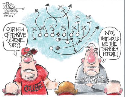 A male college football fan and a college football coach stand in front of a drawing that looks like a complicated football play. The players are drawn as circles and Xs and each has a line showing the direction they are supposed to go. The fan asks the coach, "Our new offensive scheme sir?" The coach responds, "No! That would be the transfer portal!"