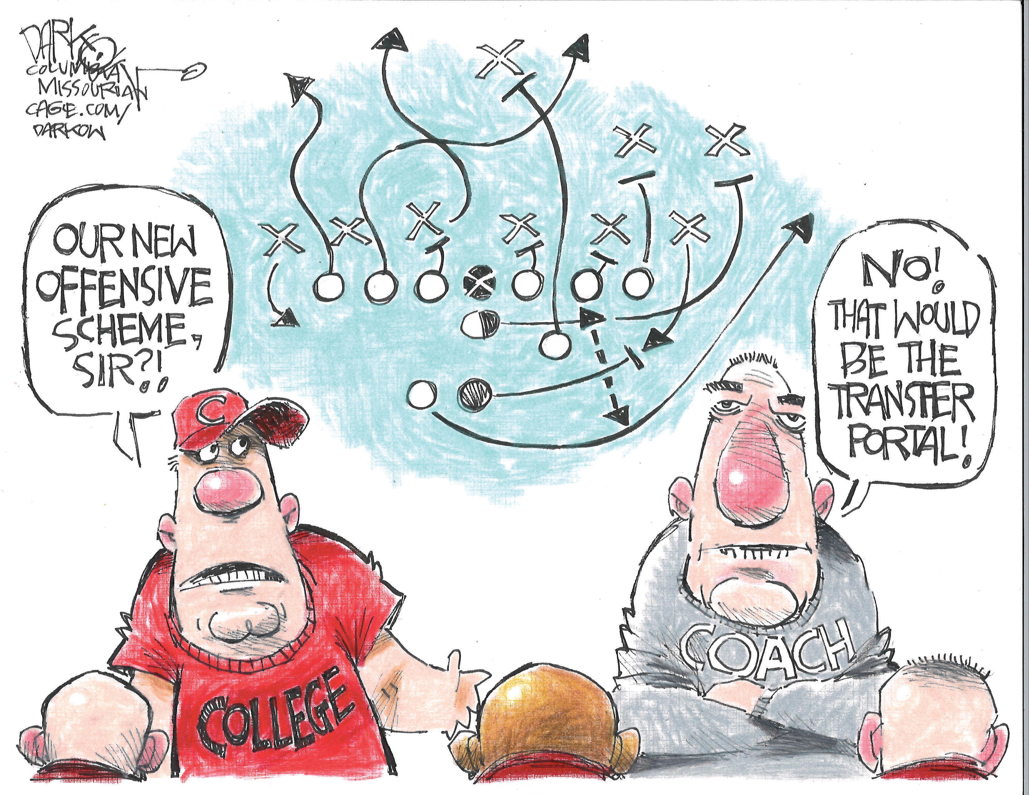 A male college football fan and a college football coach stand in front of a drawing that looks like a complicated football play. The players are drawn as circles and Xs and each has a line showing the direction they are supposed to go. The fan asks the coach, "Our new offensive scheme sir?" The coach responds, "No! That would be the transfer portal!"