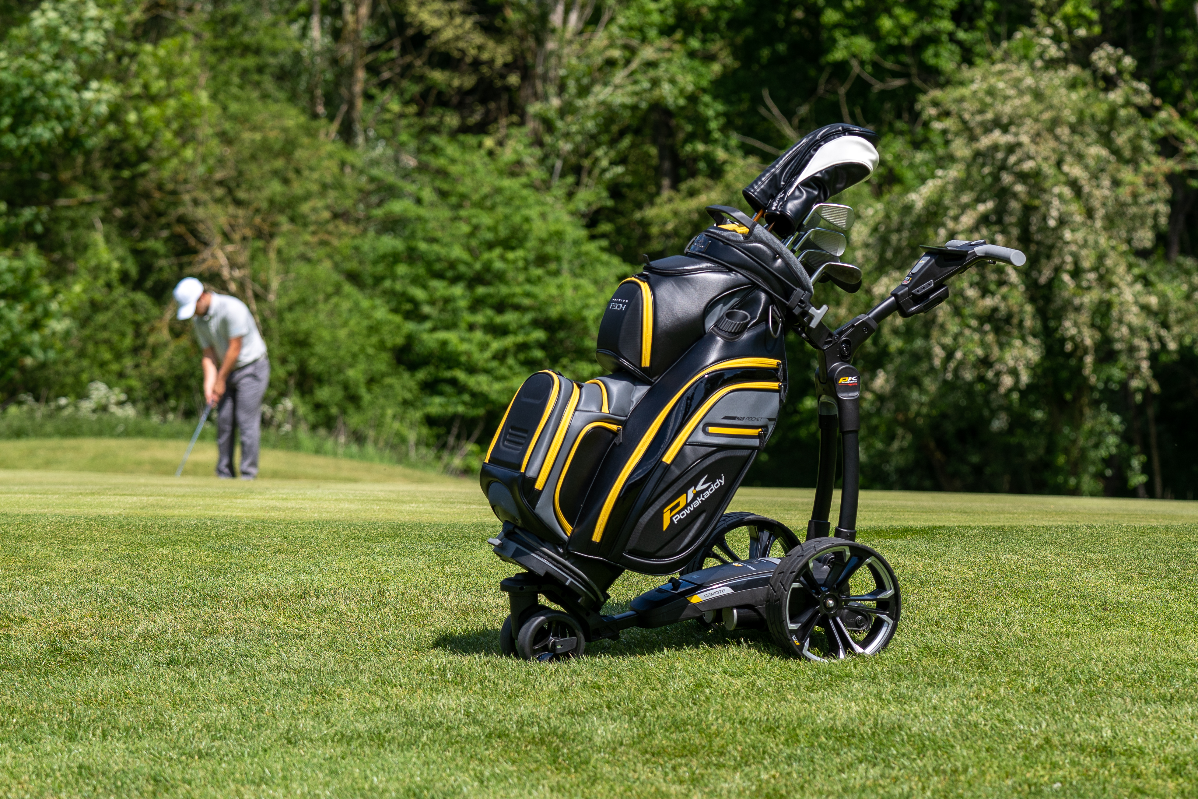 The PowaKaddy RX1 remote electric trolley on the course