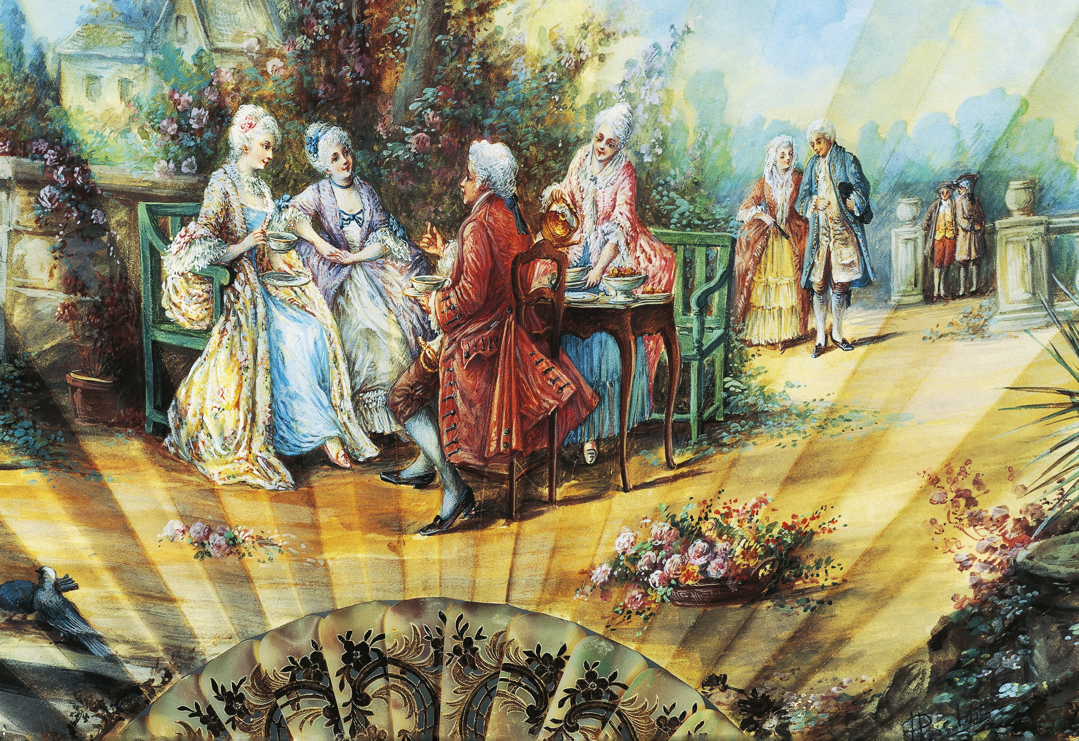 18th-century scene printed on to a silk fan