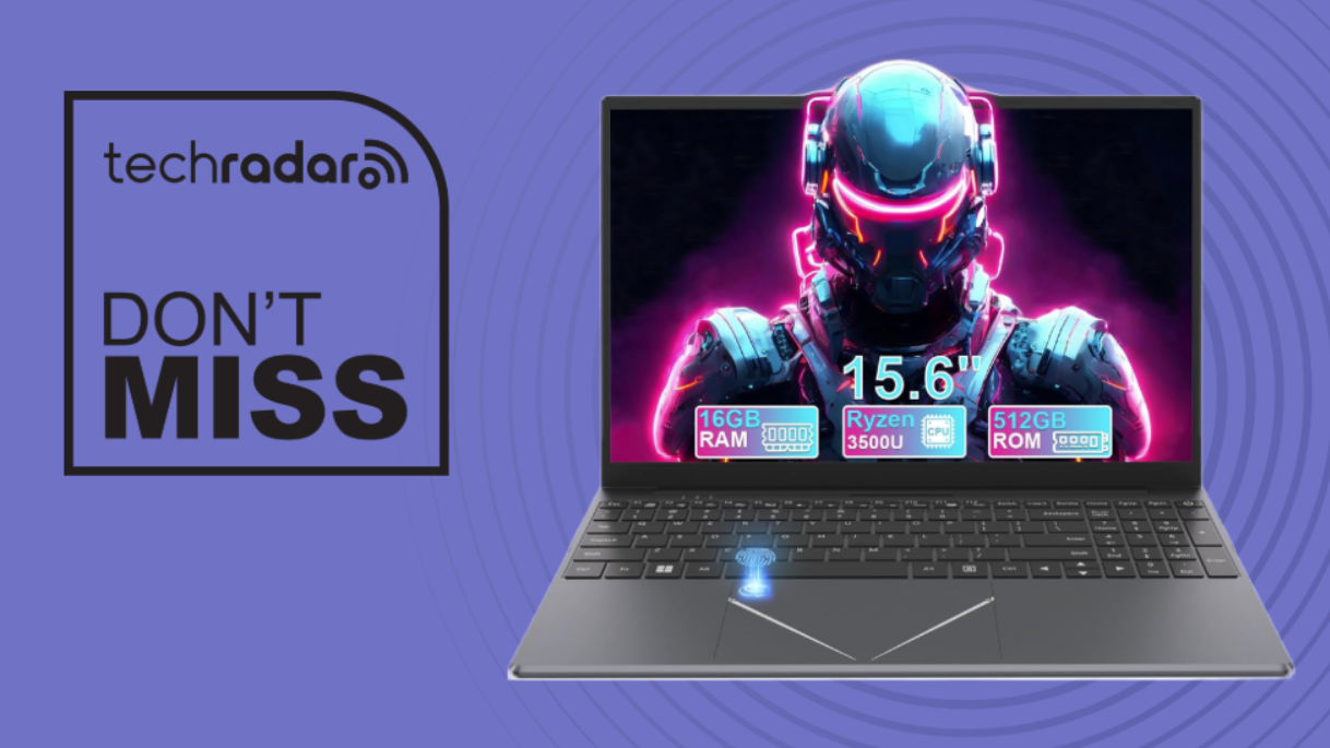 Dreamfyre laptop on a purple background next to a TechRadar badge reading &#039;Don&#039;t Miss&#039;