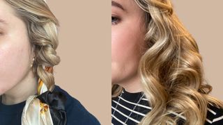 composite of heatless curls using a silk scarf on the left and the results overnight on the right
