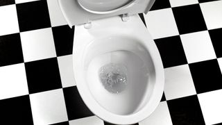 photo of a flushing toilet shown from above