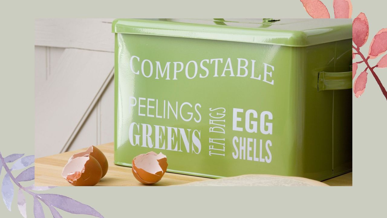 green metal compost bin in a kitchen on a countertop with eggs shelles to support expert tips on how to make compost at home