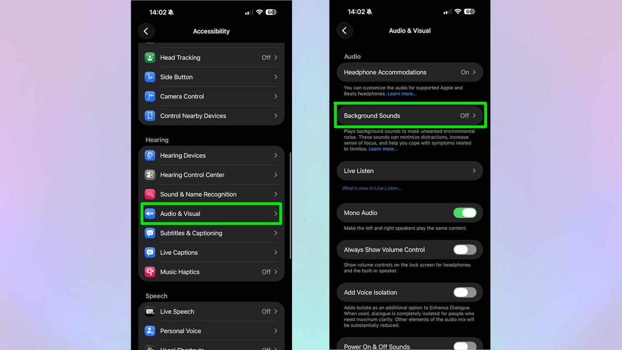 A screenshot of an iPhone displaying how to set up the Background sounds feature.
