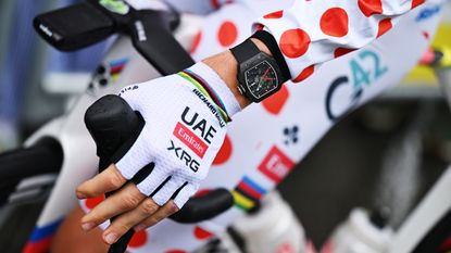 Tadej Pogacar wearing his Richard Mille watch and the Polka dot Mountain Jersey prior to Stage 3 of the 112th Tour De France in 2026.