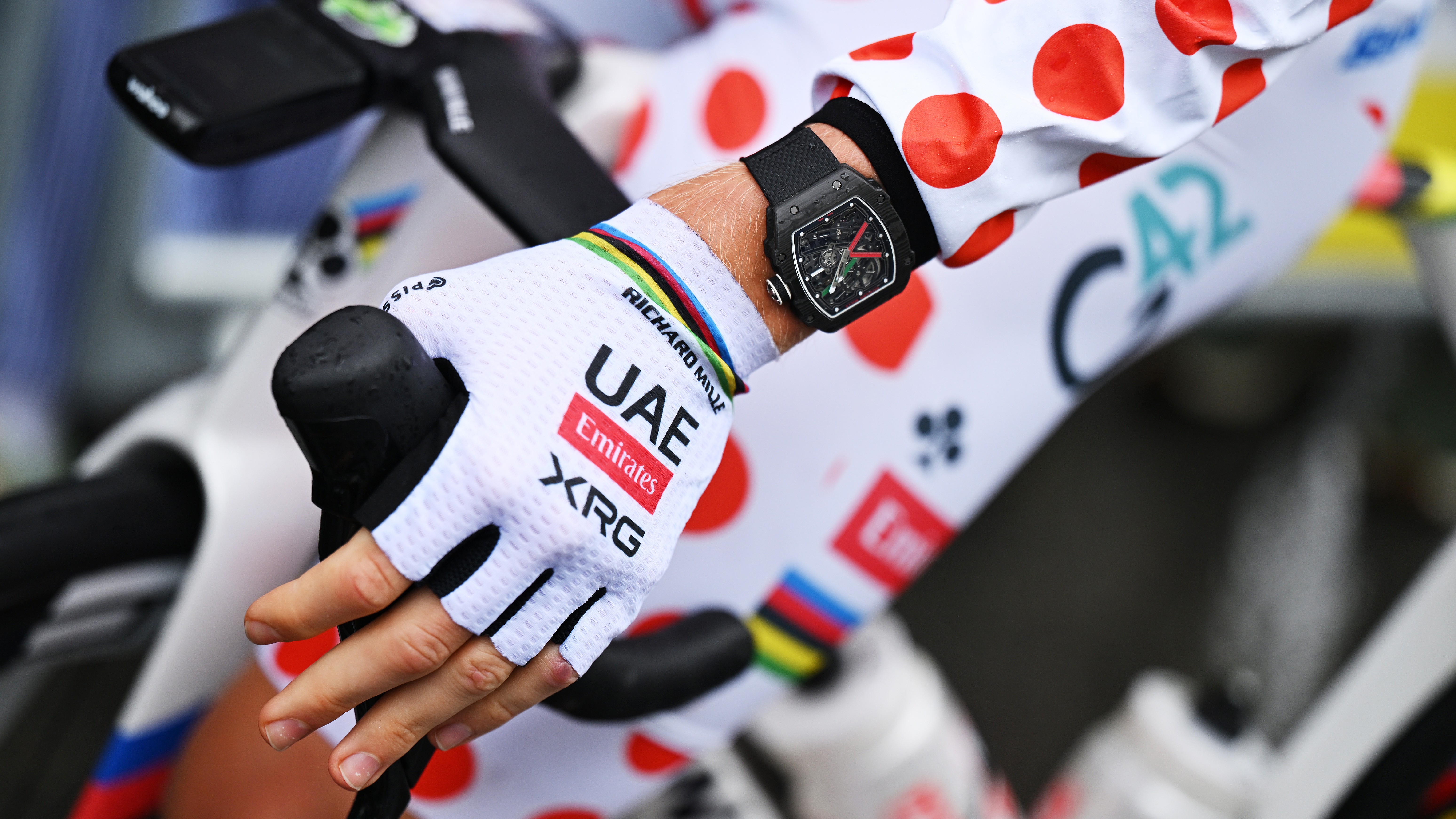 Tadej Pogacar wearing his Richard Mille watch and the Polka dot Mountain Jersey prior to Stage 3 of the 112th Tour De France in 2026.