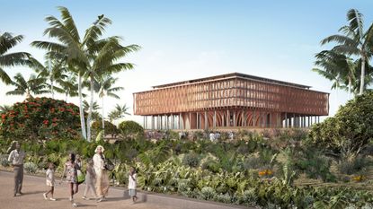 A digital exterior view of the building photographed behind plants and trees with people walking down the path