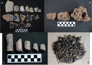 Photos showing (a) crucible fragments; (b) vitrified clay; (c) ceramic cylinders; and (d) glass bead production debris. The blue likely came from cobalt.