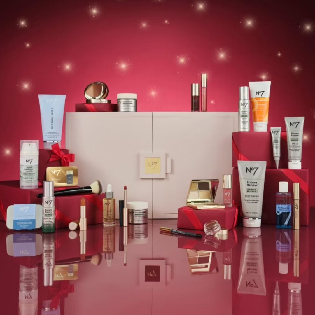 No7 The Ultimate Beauty Advent Calendar 2026 with its contents in front of it