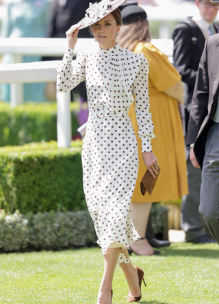 Catherine, Duchess of Cambridge smiles as she arrives into the parade ring during Royal Ascot 2022 at Ascot Racecourse on June 17, 2022 in Ascot, England