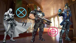 Moon Knight, Punisher and Star-Lord pose beside a light blue and a pink crosshair