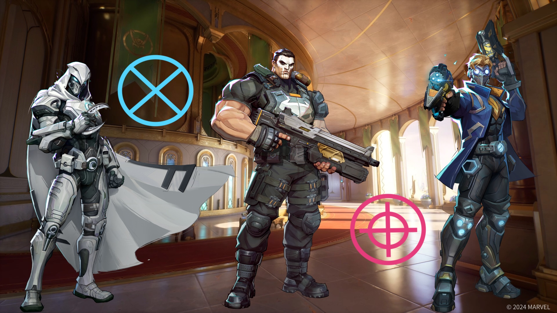 Moon Knight, Punisher and Star-Lord pose beside a light blue and a pink crosshair