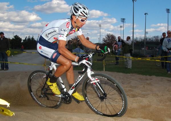 Davide Frattini (Hudz-Subaru) hits the sand pit at the end of lap one.