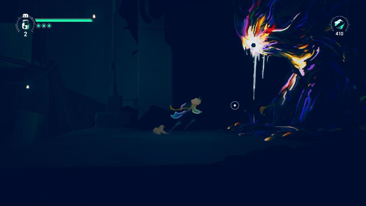 Possessor(s) gameplay showing protagonist approaching multicolor powerup location ingame.