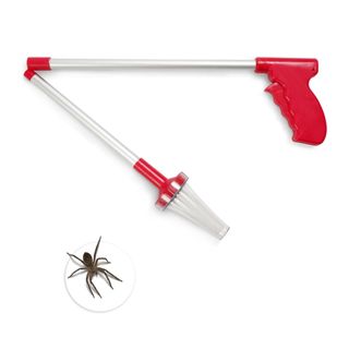 White and red spider catcher with a spider in the left corner