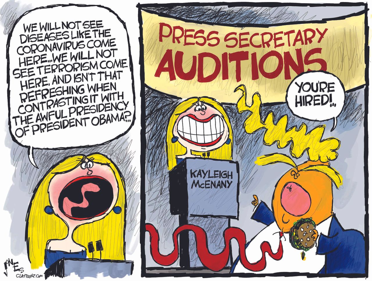 Political Cartoon U.S. Trump Kayleigh McEnany White House press secretary coronavirus auditions