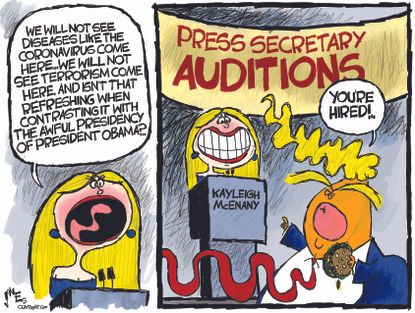 Political Cartoon U.S. Trump Kayleigh McEnany White House press secretary coronavirus auditions