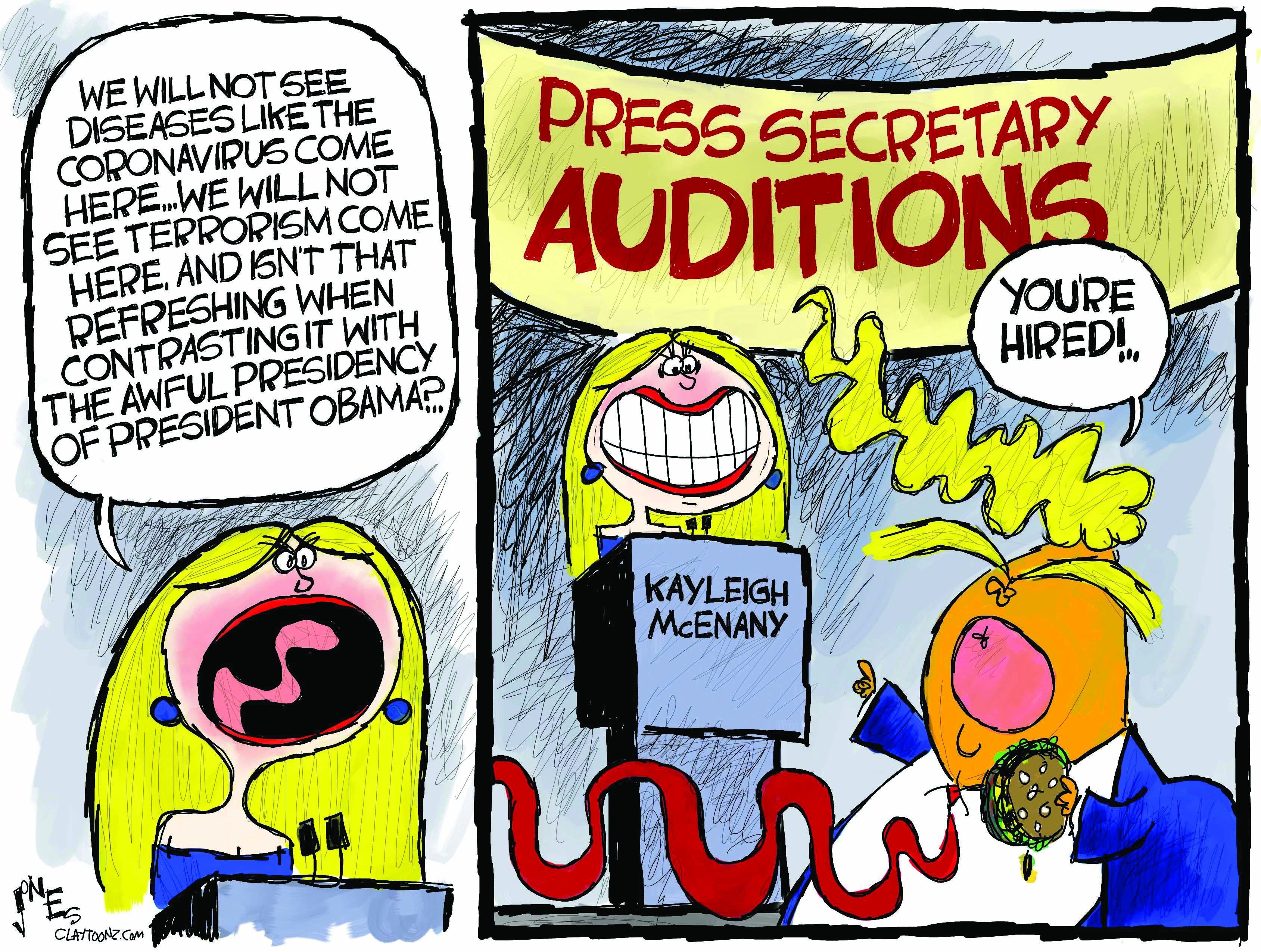 Political Cartoon U.S. Trump Kayleigh McEnany White House press secretary coronavirus auditions