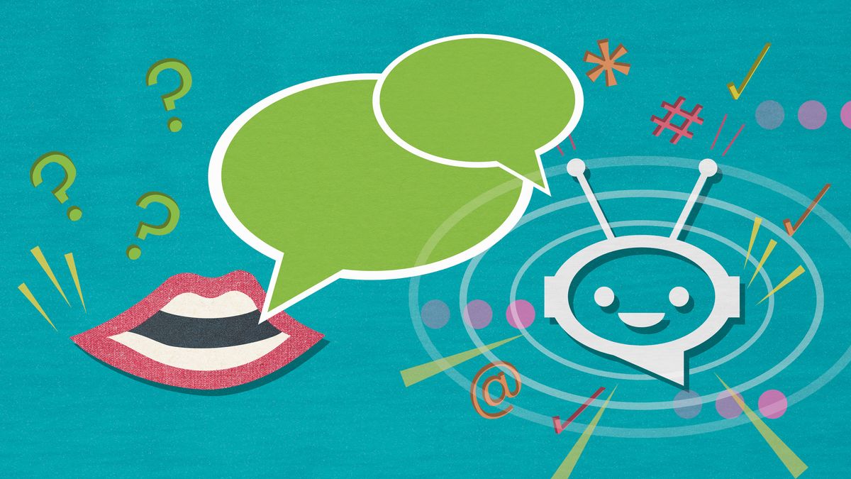 An illustration showing a mouth with speech bubbles and question marks and a stylized robot alien representing an AI assistant chirping away with symbols and ticks, to represent user annoyance with AI assistants.