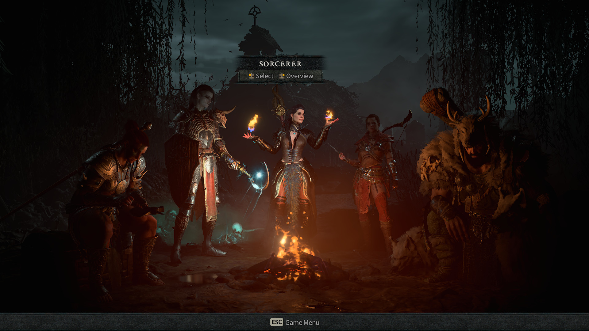 Diablo 4 karakter oluşturma - beş sınıfın tümü bir ateşin etrafında duruyor