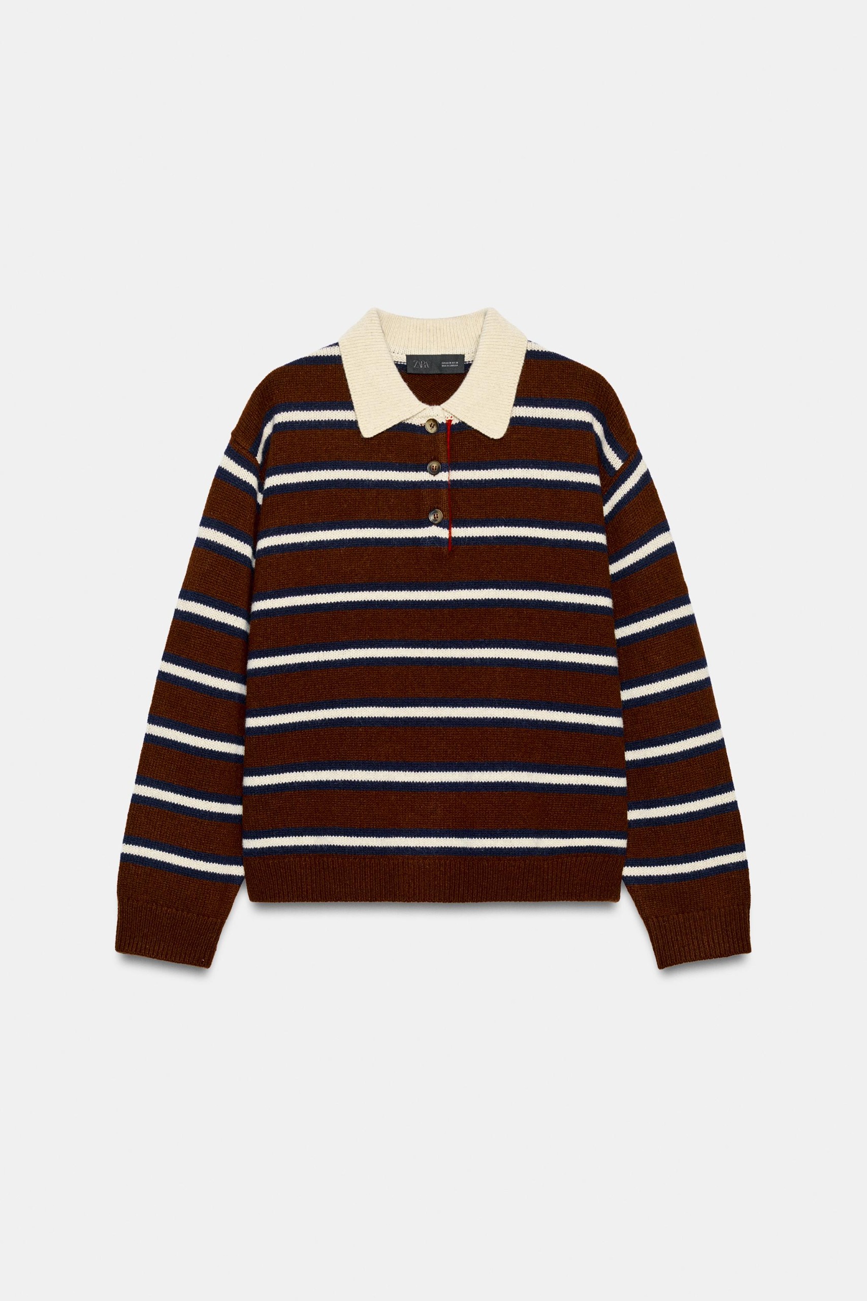 100% Wool Striped Polo - Brown / Ecru - S