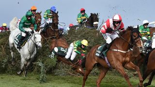 Jockey Thomas Bellamy riding Canelo falls at 'The Chair' fence on the Grand National Day last year.