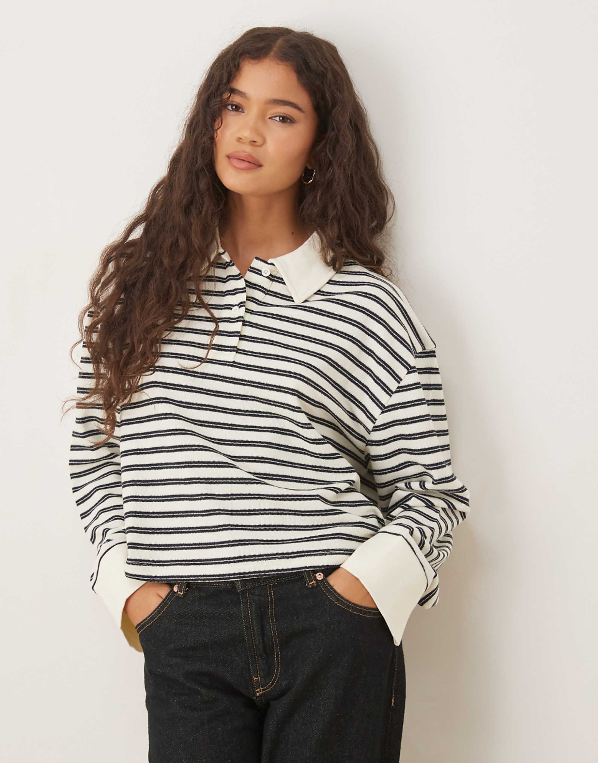 Asos Design Textured Stripe Rugby Collared Top in Cream Stripe