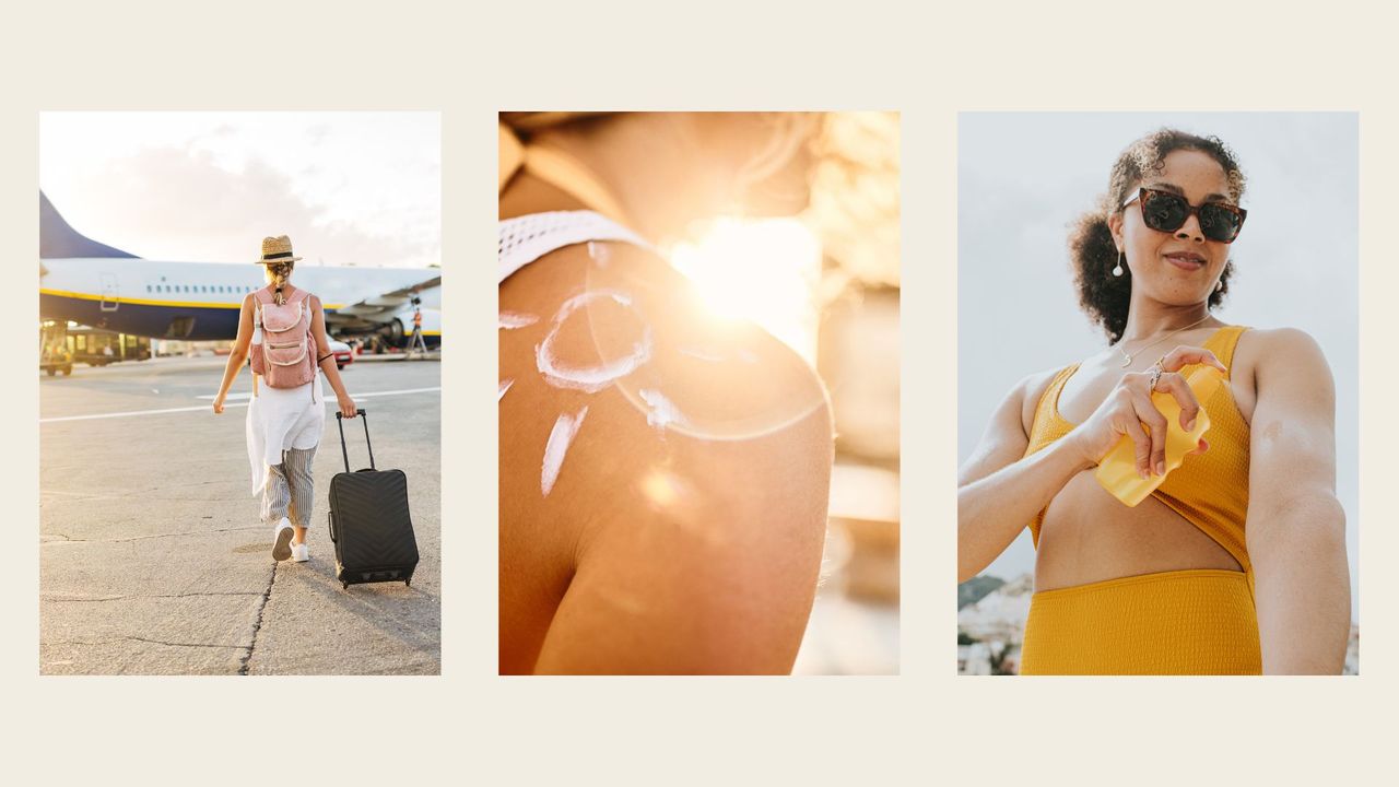 woman walking to plane with suitcase, sunscreen in shape of sun on woman&#039;s shoulder and woman applying sunscreen spray