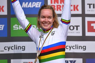 Anna van der Breggen in rainbow stripes after winning the road race in Innsbruck