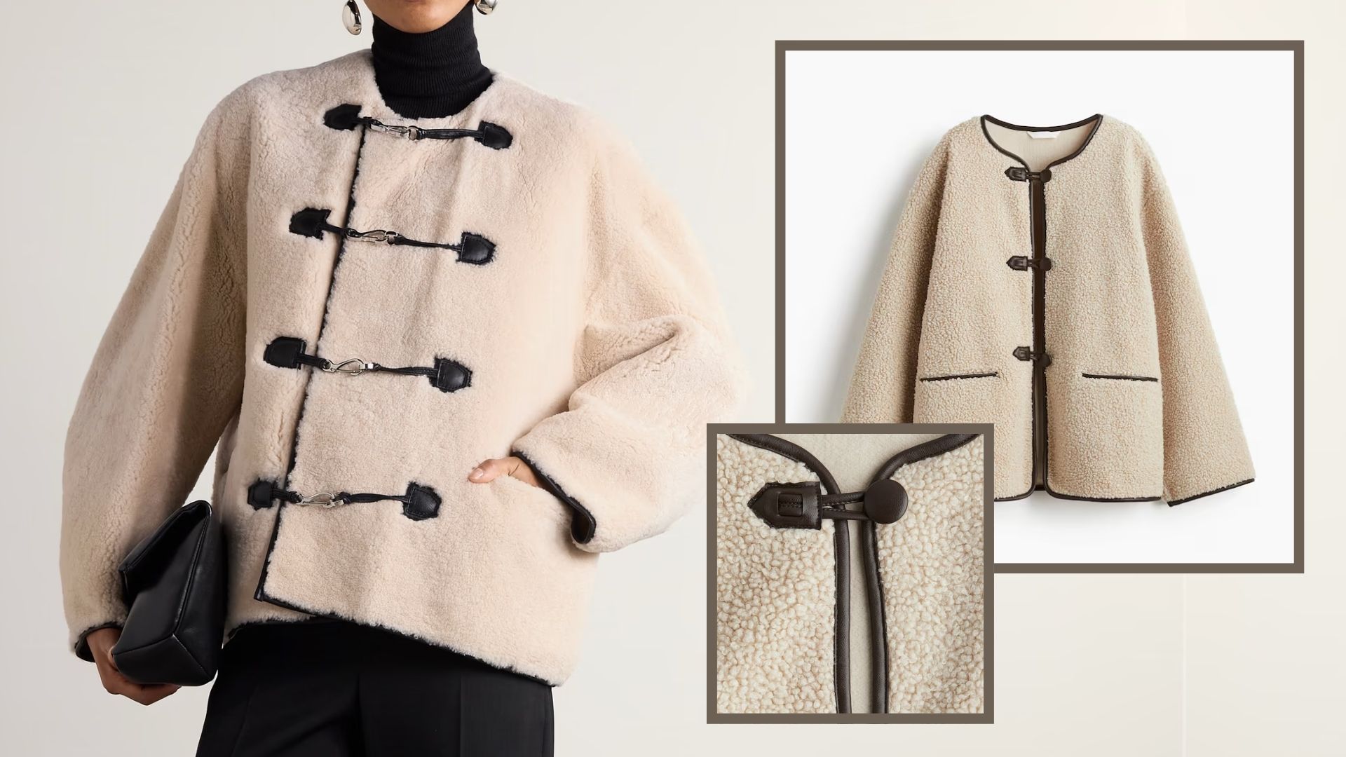 Toteme&#039;s shearling jacket alongside H&amp;M £30 lookalike
