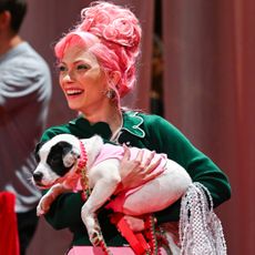 Tavi Gevison carries a rescue dog on the Rachel Antonoff runway