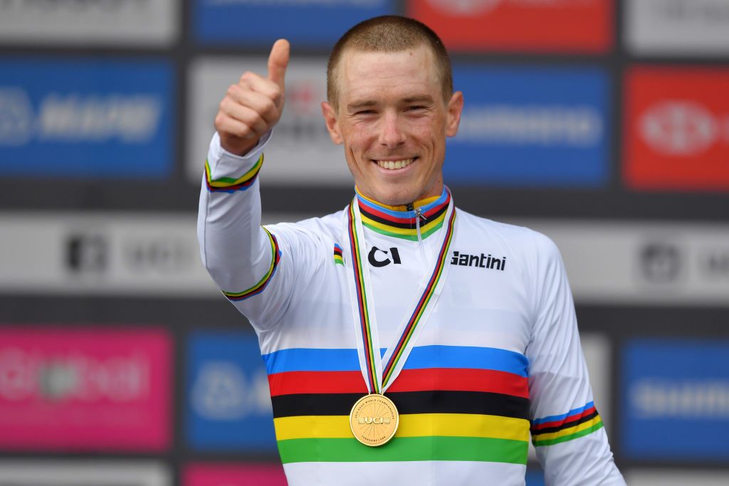 Australia&#039;s Rohan Dennis is all smiles after taking his second individual time trial title in as many years at the 2019 UCI Road World Championships