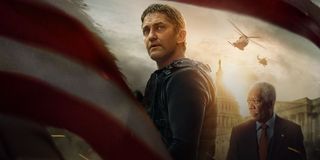 Angel Has Fallen Gerard Butler and Morgan Freeman stand in a very bright Washington DC.