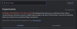 Google Chrome Flags Experimental warning