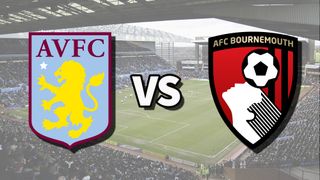 The Aston Villa and AFC Bournemouth club badges on top of a photo of Villa Park stadium in Birmingham, England