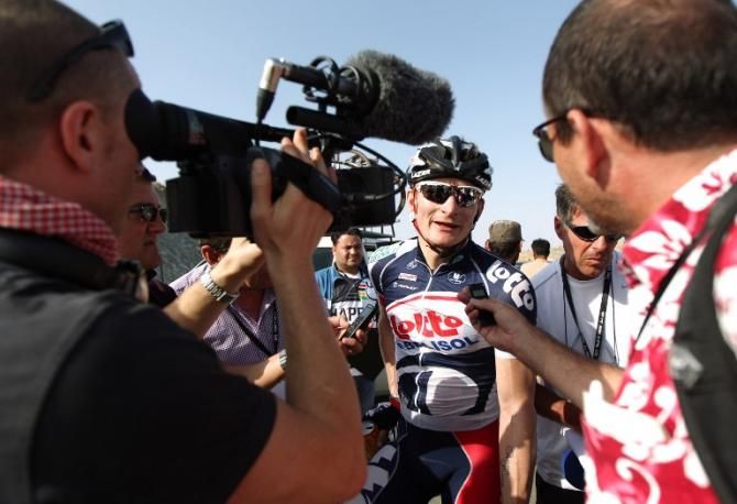 Andre Greipel (Lotto Belisol) is interviewed after his hot streak continued with the first stage of the Tour of Oman