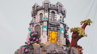 A four-legged walking tomb known as the Wandering Mausoleum from ELDEN RING made of LEGO by designer HoboSapien