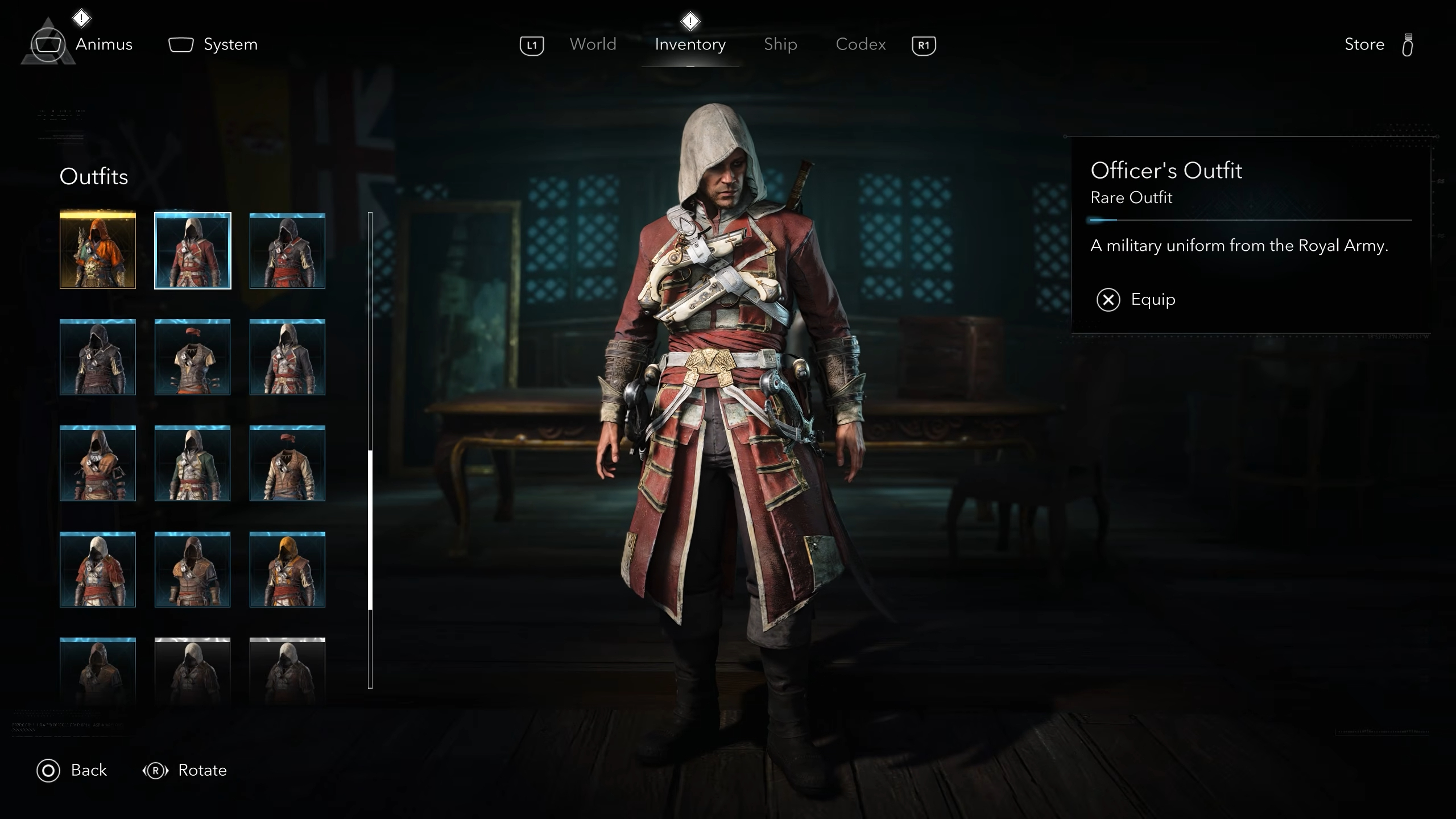 Black Flag outfits: Edward wearing the Officer's Outfit in the inventory screen.