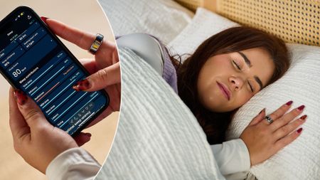 On the left, a close up of sleep tester Eve Davies's hands wearing an Oura Ring as she checks the data on the Oura Ring app. On the right, Eve Davies lies in bed wearing her Oura Ring 4 sleep tracker.