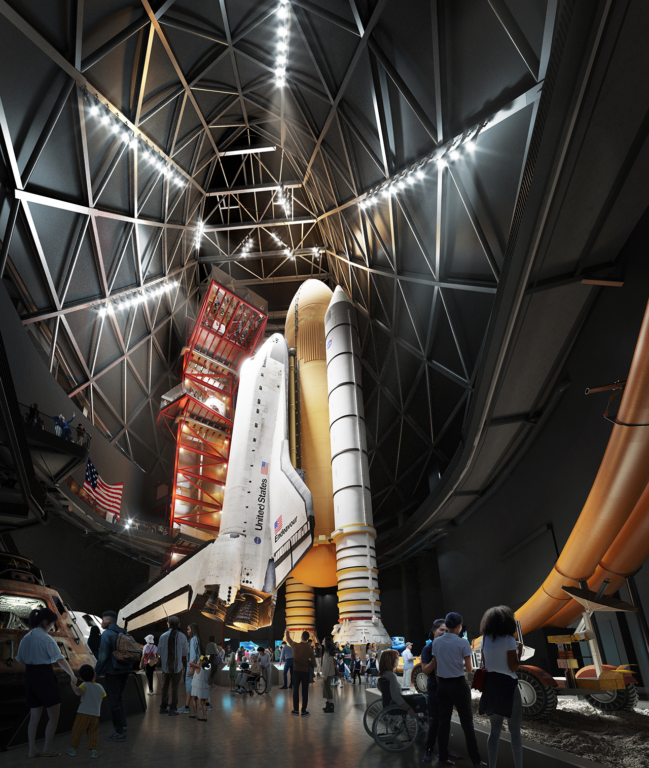 Artist's rendering of the space shuttle Endeavour, its two white solid rocket boosters and its huge orange fuel tank standing vertically in a museum display