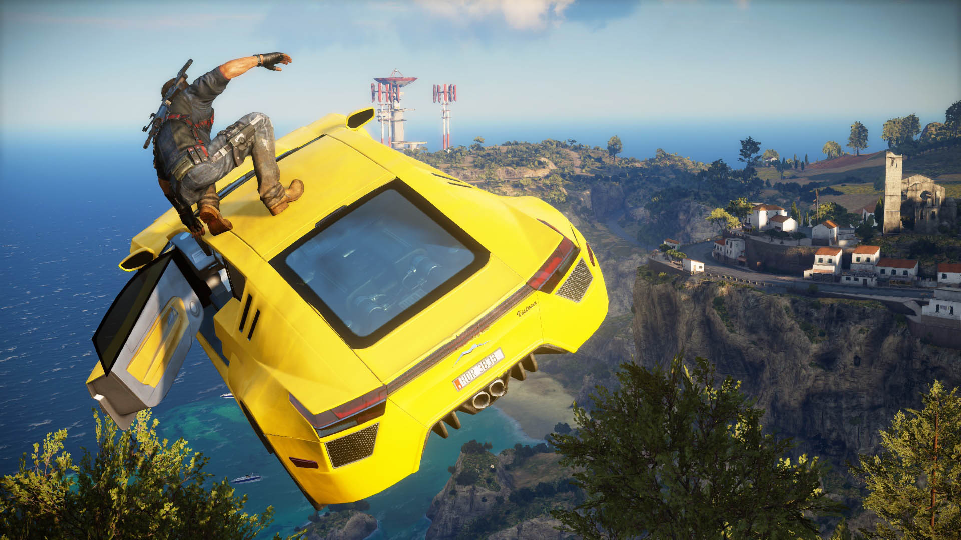Just cause 3's Rico Rodriguez climbing on top of a car that's sailing through the air